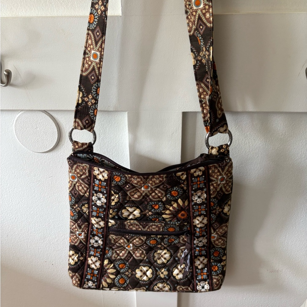 Retired Pattern, Vera Bradley Brown and Blue Crossbody Bag with Quilted Design.